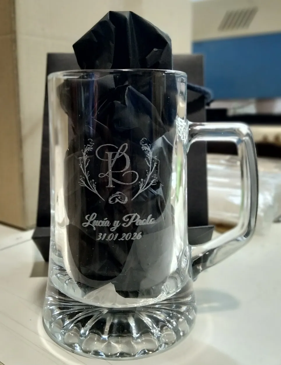 Grabado Laser Cristal Jarra Cerveza Lucia Pablo