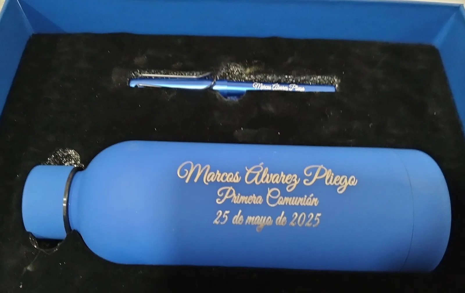 Grabado Laser Kit Comunion Botella Boligrafo Azul